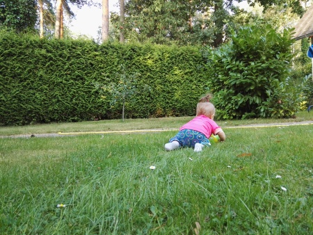 Baby krabbelt im Garten weg